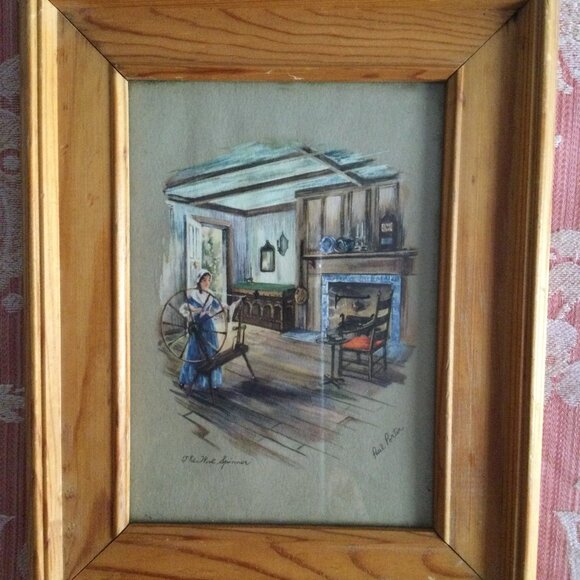 Vintage print "The wool spinner" Paul Parker solid wood frame small wall decor - Picture 1 of 5